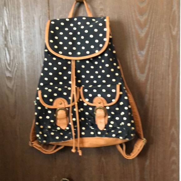 ALDO BACKPACK - BLACK & WHITE POLKA DOT WITH BROWN PLEATHER STAPS & TRIM - #216 - Picture 1 of 12